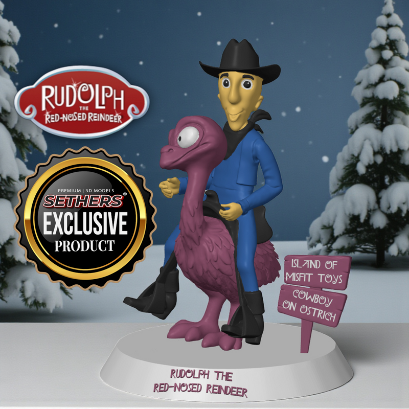 Cowboy Riding Ostrich 3D Printing Model Files | 3D printable Christmas STL 3MF models | Rankin Bass 1964 Rudolph the Red Nosed Reindeer | Island of Misfit Toys