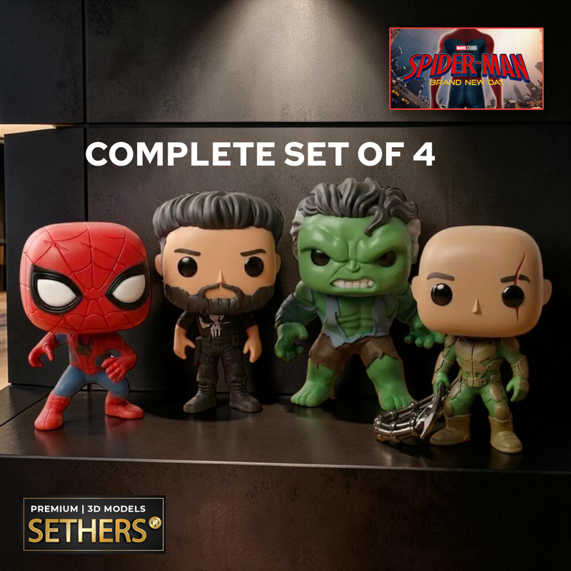 Complete Set of 4 | Funko Spider-Man Brand New Day | 3D Printing Models

Spider-Man (Beaten Up)&nbsp;
Hulk
The Punisher
Scorpion
