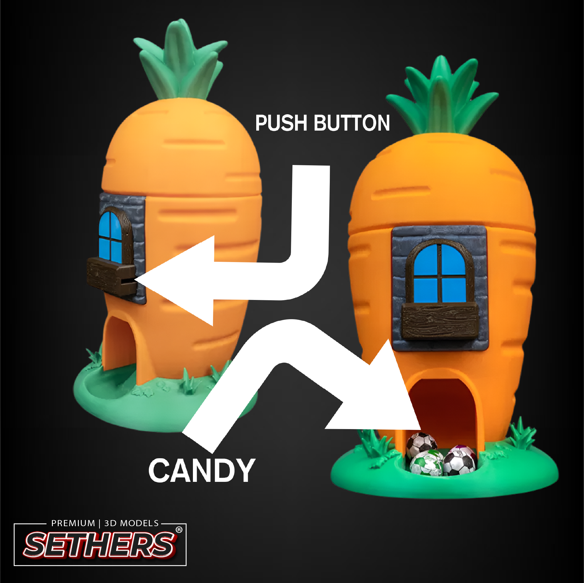 Button Camdy Carrot House PUSH BUTTON Candy Dispenser | 3D Printer Model Files