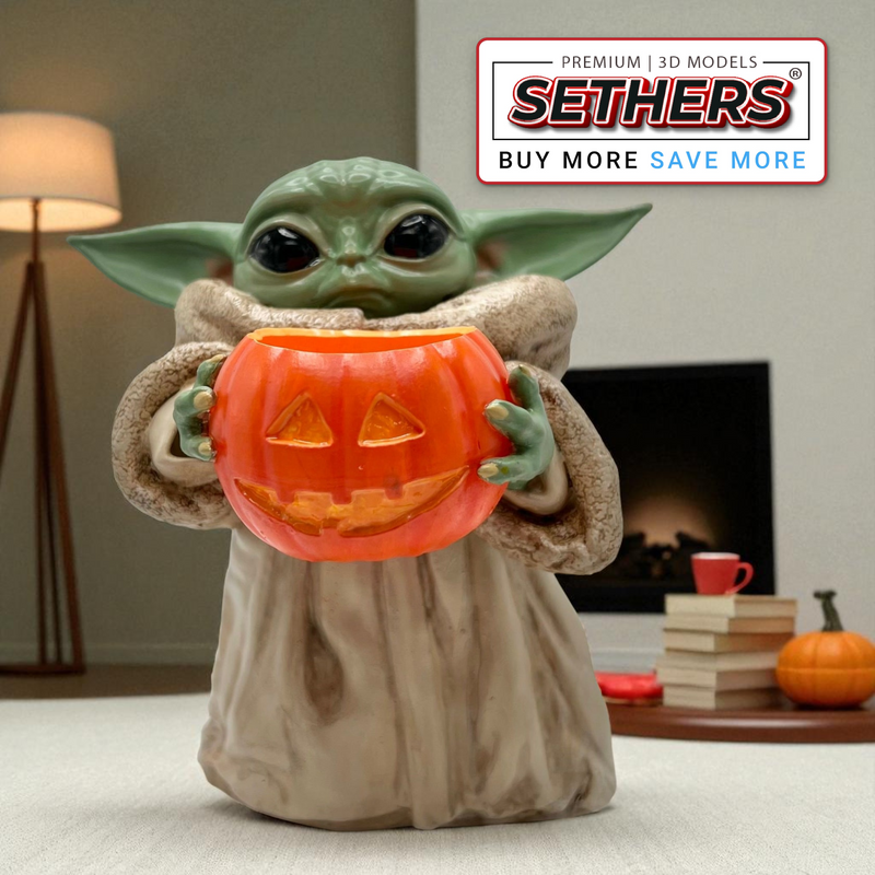 Grogu Baby Yoda Holding Pumpkin | Star Wars | 3D Printing STL Models. Find the best 3D printer stl model files at Sethers. Highest Quality 3D Model STL Files